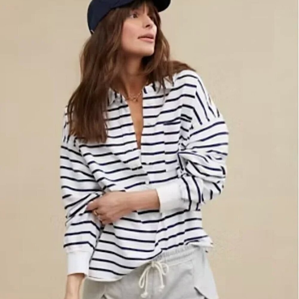 Aerie Take It Easy Sporty Popover Polo Sweatshirt White & Navy Stripe XS
